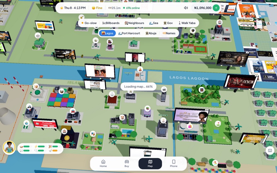 Lagos Life in-game UI on desktop: wallet balance in naira, six needs bars (hunger, energy, fun, social, hygiene, bladder), daily gem hunt and the Home, Buy, Map, Phone navigation