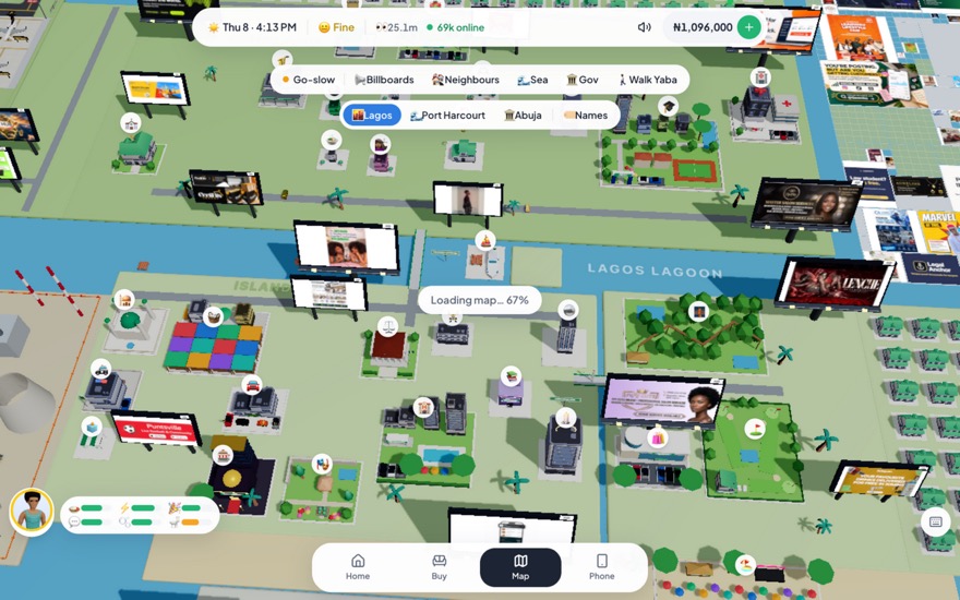 Lagos Life in-game phone menu on desktop: app buttons including Jobs, Courses, Chowdeck food delivery, Bank, Forbes, Houses, Cars, Invest, LagosBet, Family, Staff, Hustle and Bus Co.